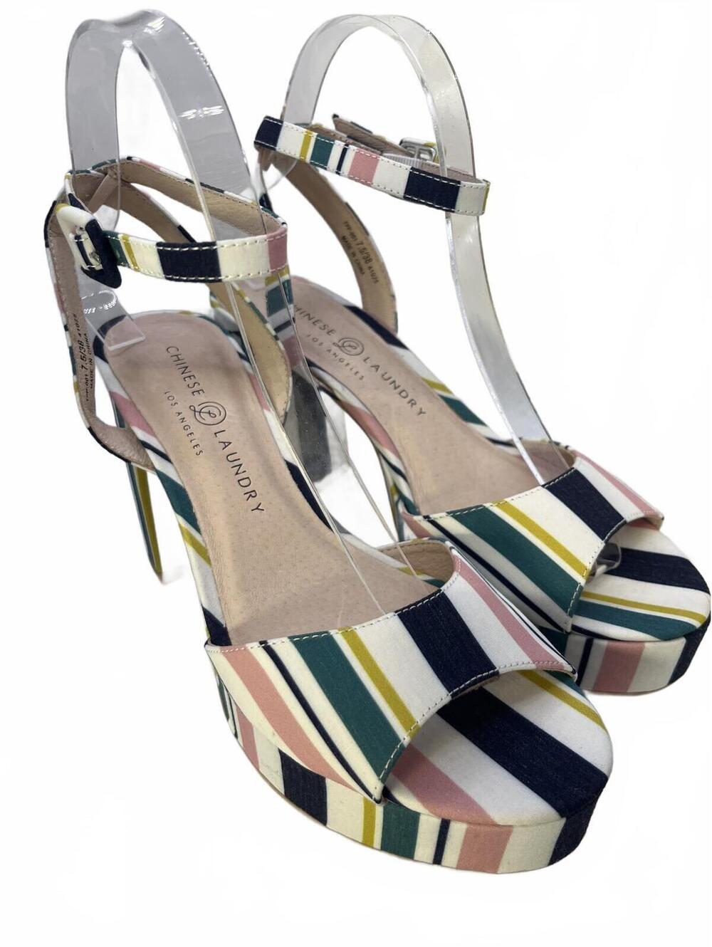 Chinese Laundry Platform Block Heel Sandals Size 7.5 Ankle Strap Multi-Stripe